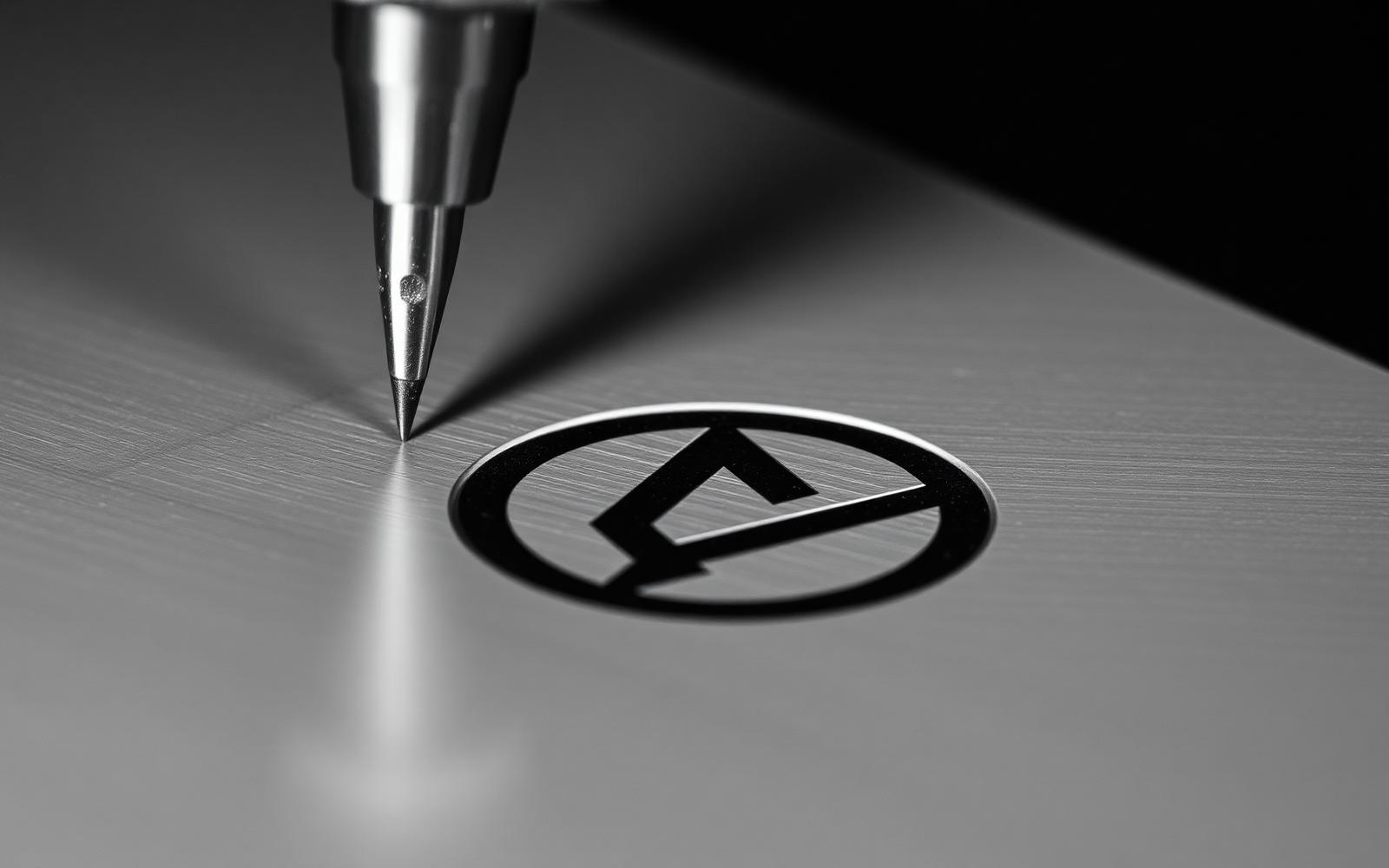A geometric identity mark precision engraved in metal
